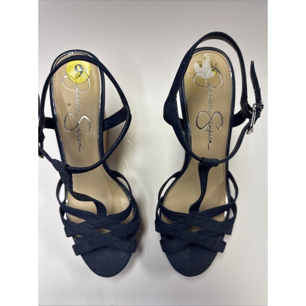Jessica Simpson  Denim & Cork Wedge Sandals Blue Size 9 Strappy Cork. - Picture 2 of 9